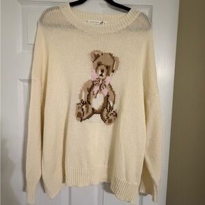 ALTAR’d STATE Cream Teddy Bear Crewneck Sweater w/pink bow-Size XL-EUC